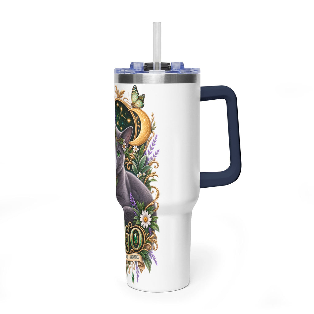 Virgo Cat 40oz Thermal Tumbler — Russian Blue Zodiac Astrology Travel Mug