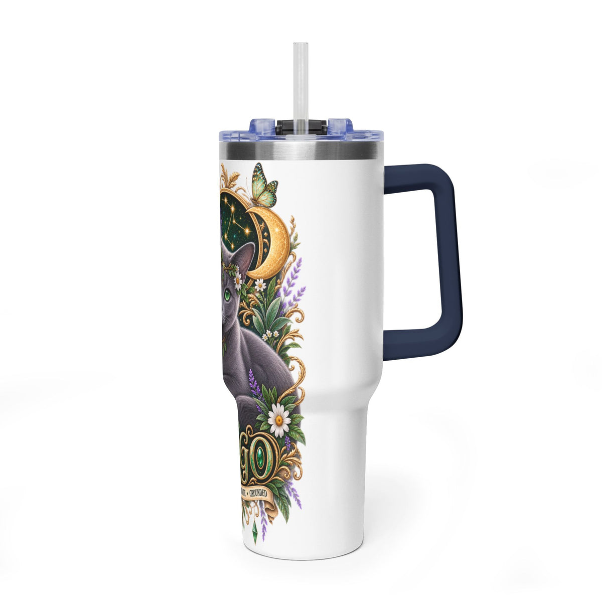 Virgo Cat 40oz Thermal Tumbler — Russian Blue Zodiac Astrology Travel Mug
