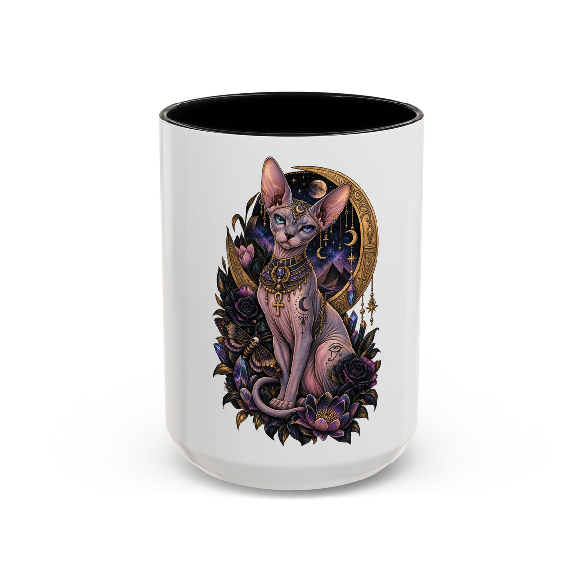 Mystic Sphynx Cat Coffee Mug — Magical Moon & Floral Accent (11/15 oz)
