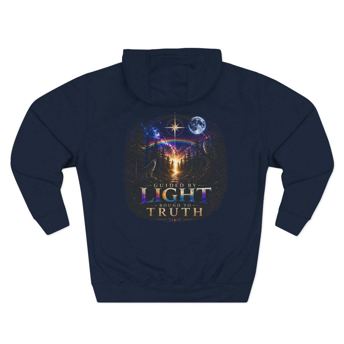 Guided by Light Bound toTruth Fleece Hoodie — Spiritual Galaxy Chest Emblem & Backscape Design