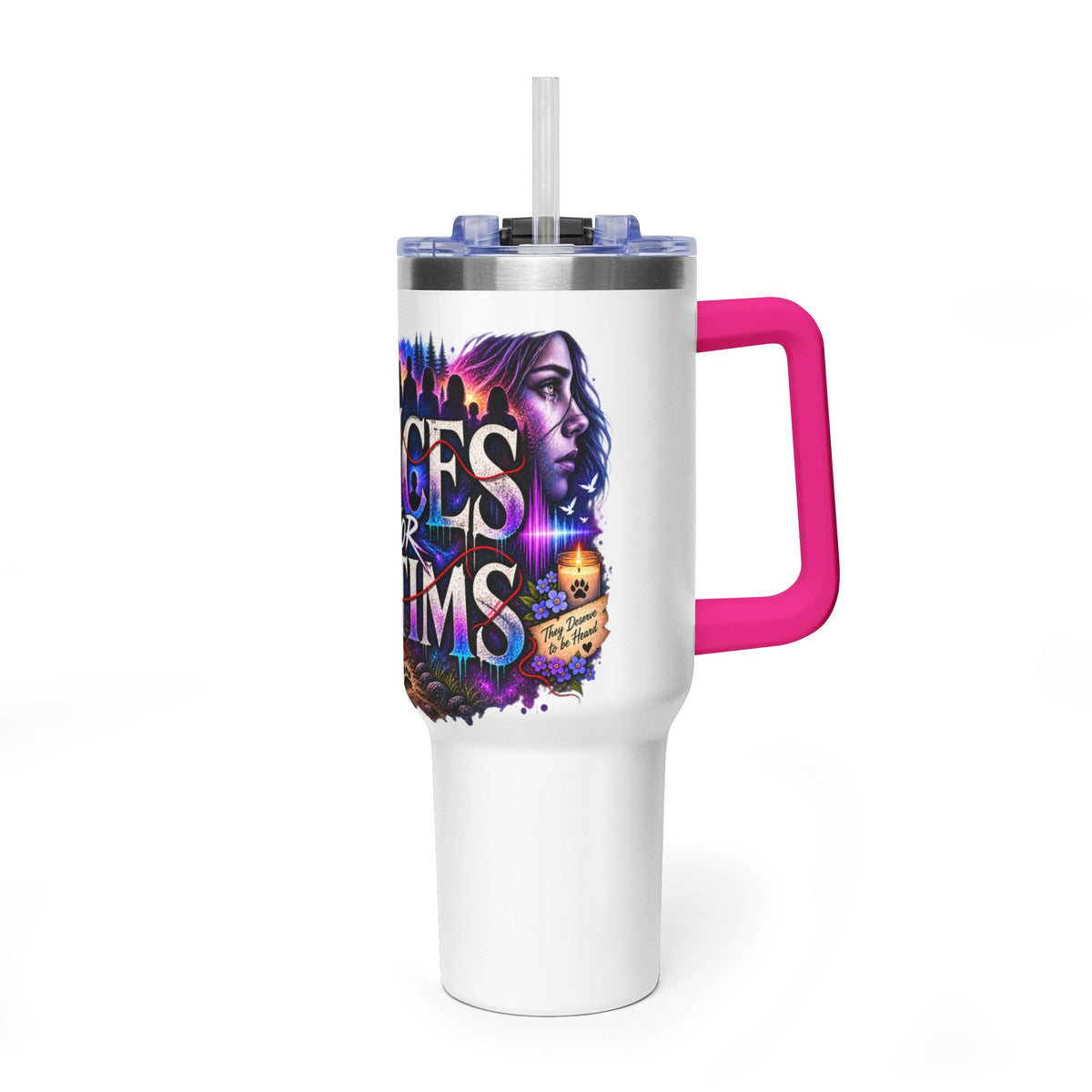 40oz Vacuum Tumbler - "Voices for Victims" Purple Feather Design