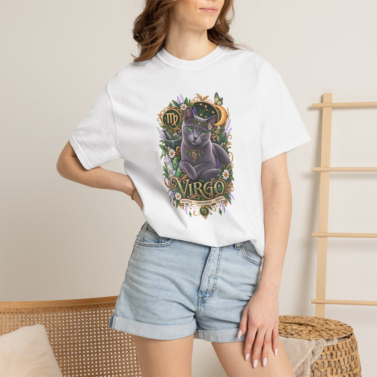 Virgo Cat Zodiac T-Shirt — Virgo Astrology Tee with Russian Blue & Floral Design