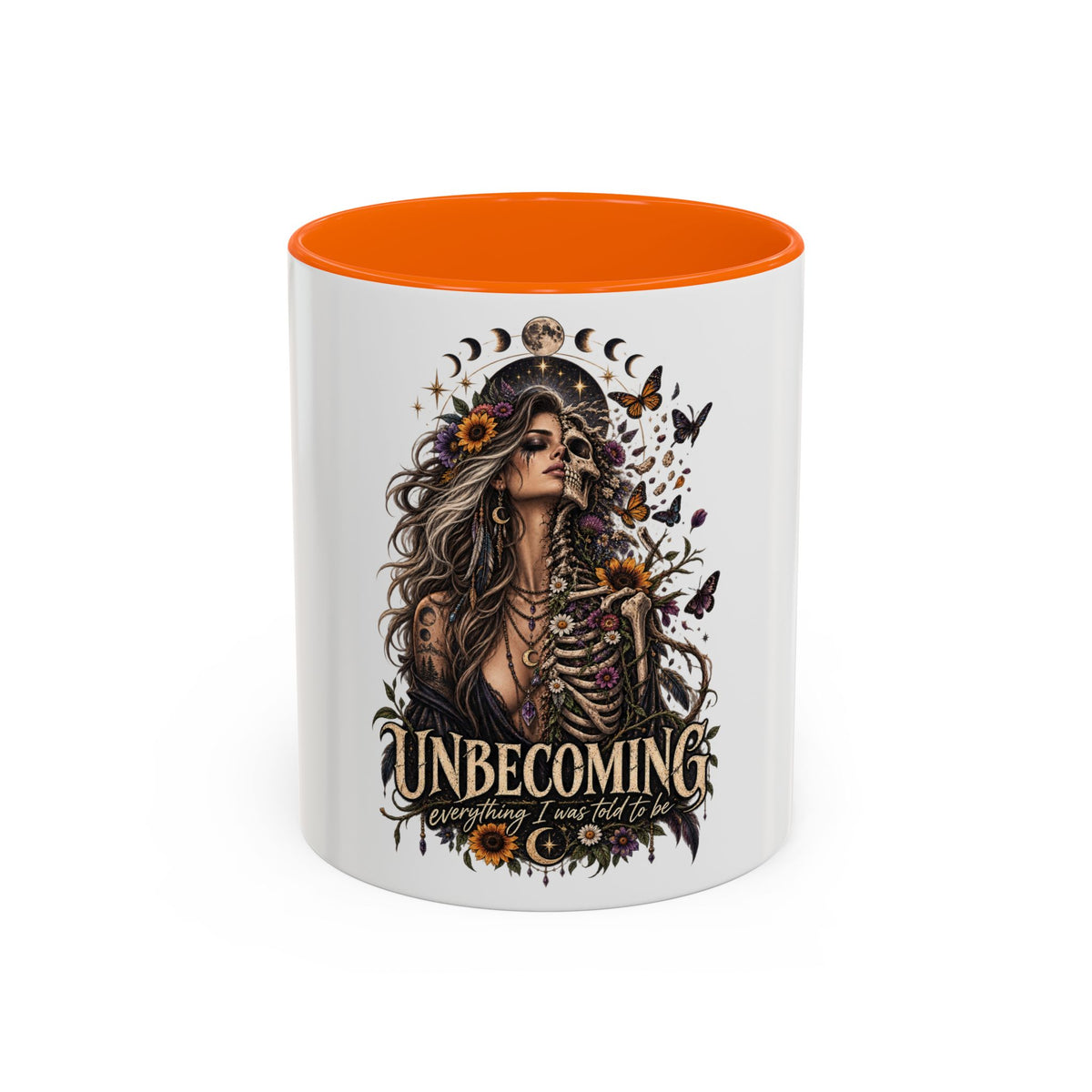 Unbecoming Empowerment Coffee Mug — Sunflowers Woman Skeleton & Moon Phases 11/15oz Accent Mug