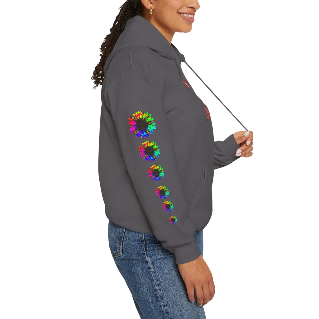 Inspirational Floral Hoodie – "Your Smile is Kind & Beautiful" Rainbow Sunflower Cozy Pullover