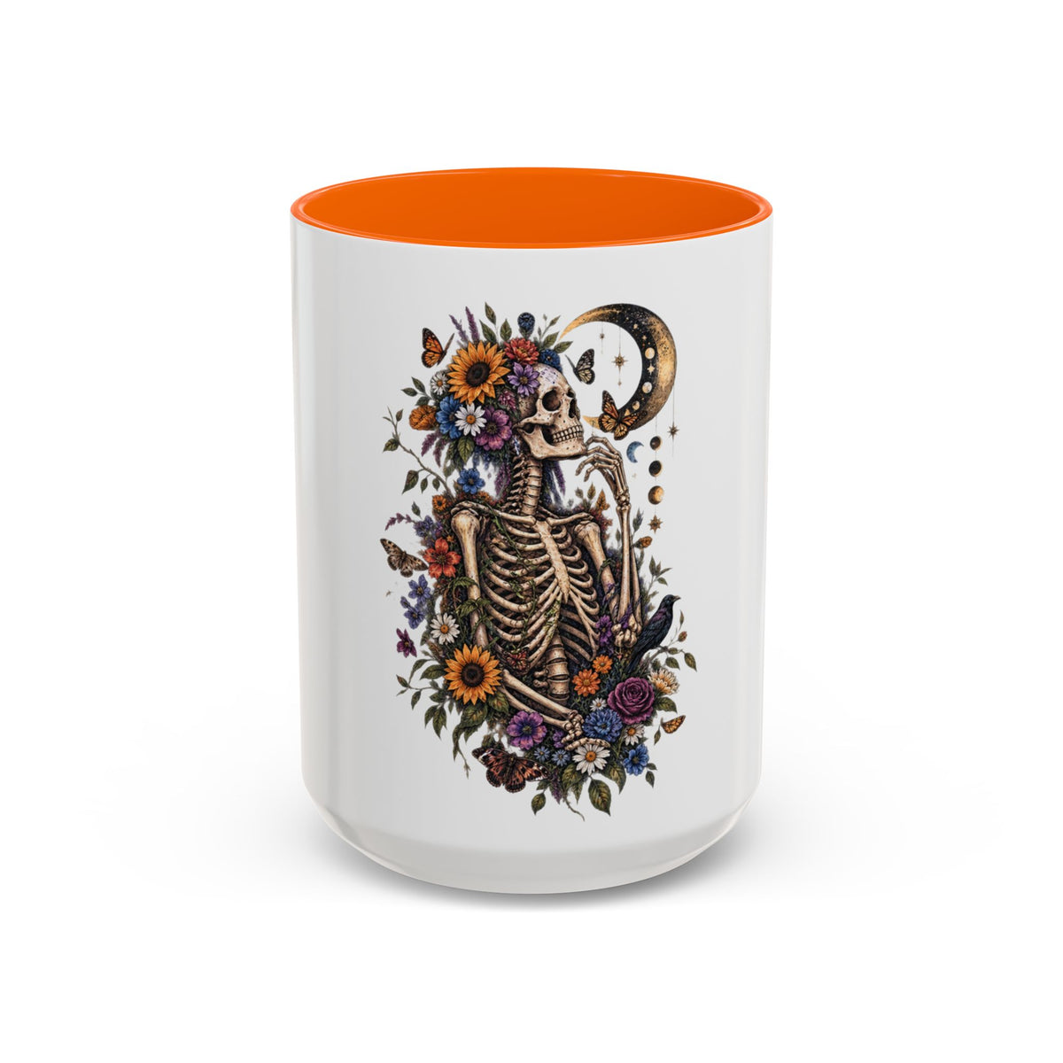 Skull & Moon Floral Coffee Mug — Gothic Botanical Accent Mug