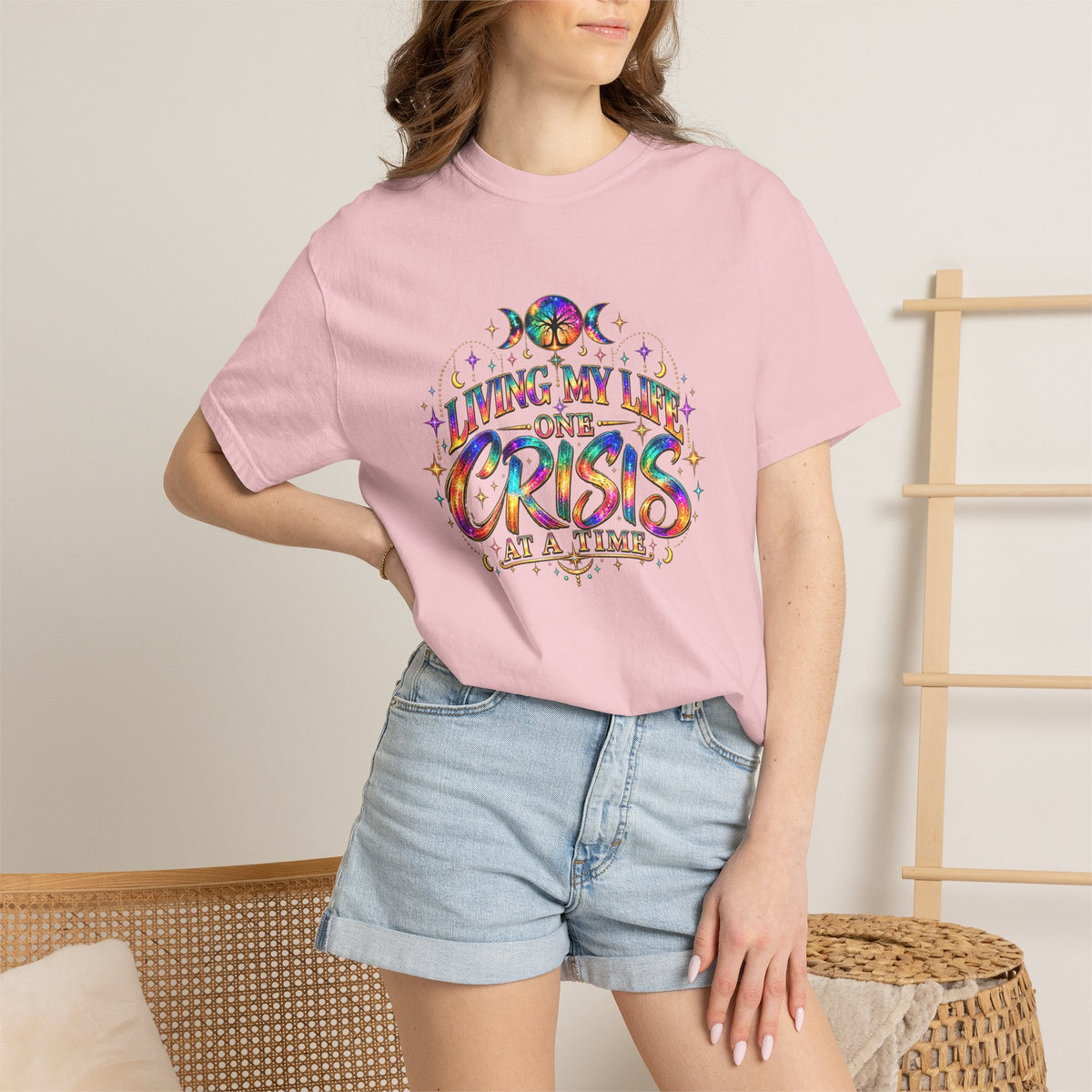 Graphic T-Shirt — "Living My Life One Crisis at a Time" Colorful Retro Tee