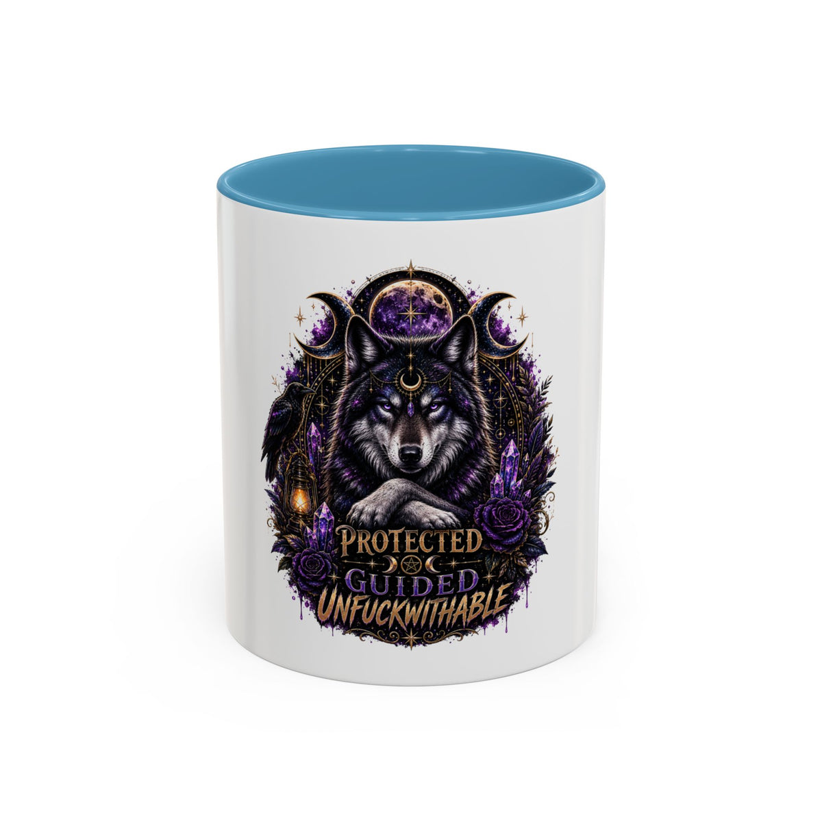 Protected, Guided & Unfuckwithable Wolf Coffee Mug — Spiritual Mystic Accent Mug (11/15oz)