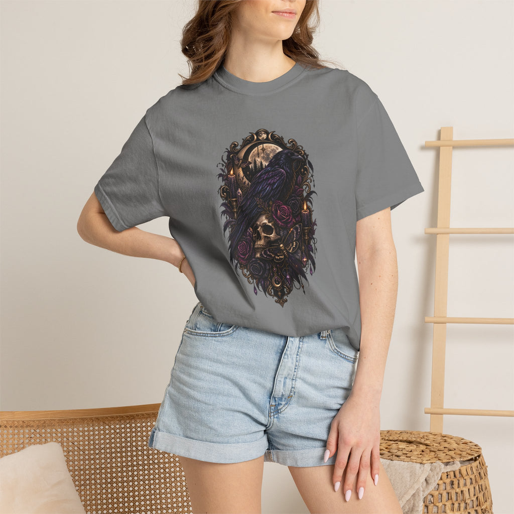 Skull & Crow Graphic Tee — Gothic Vintage Skull with Raven Design
