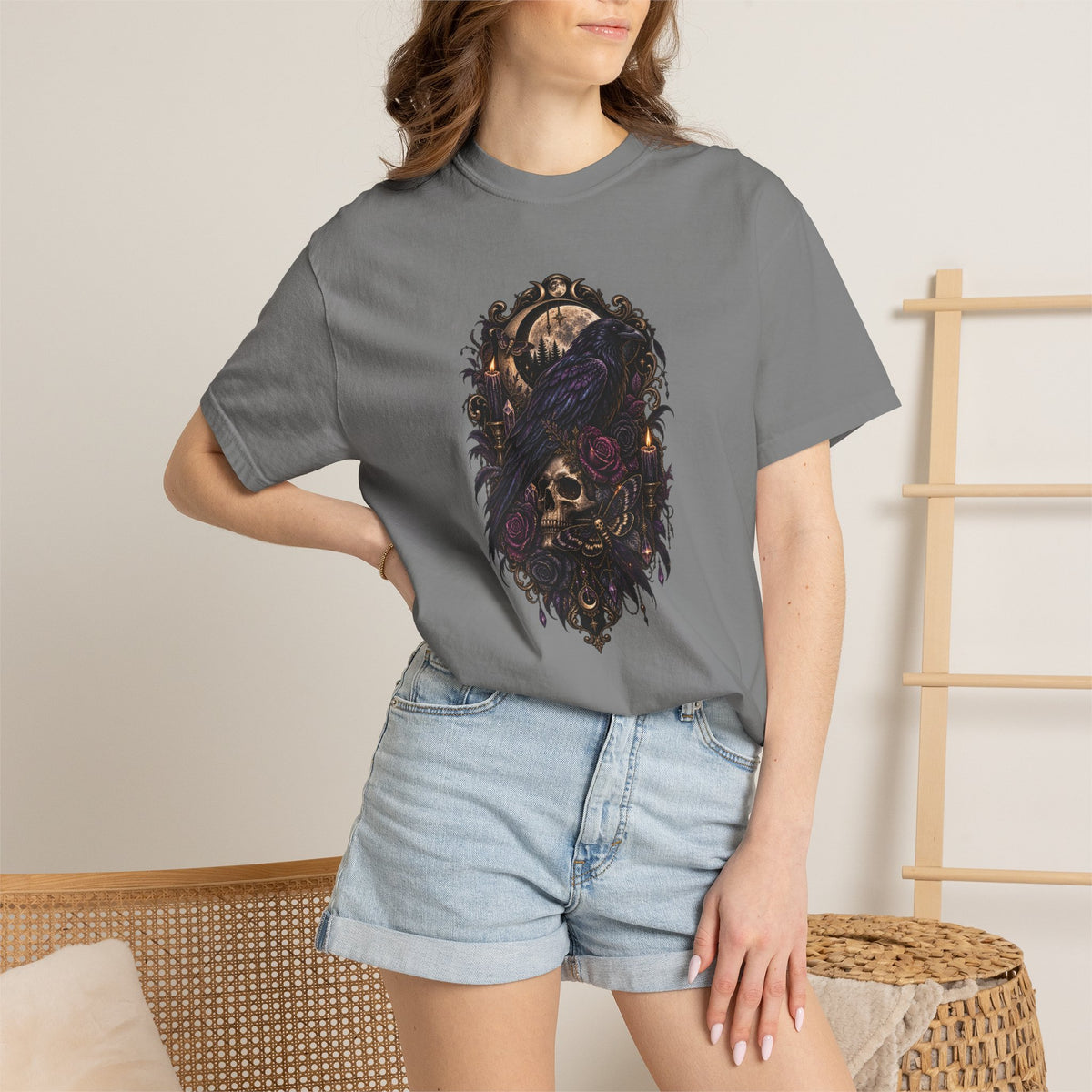 Skull & Crow Graphic Tee — Gothic Vintage Skull with Raven Design
