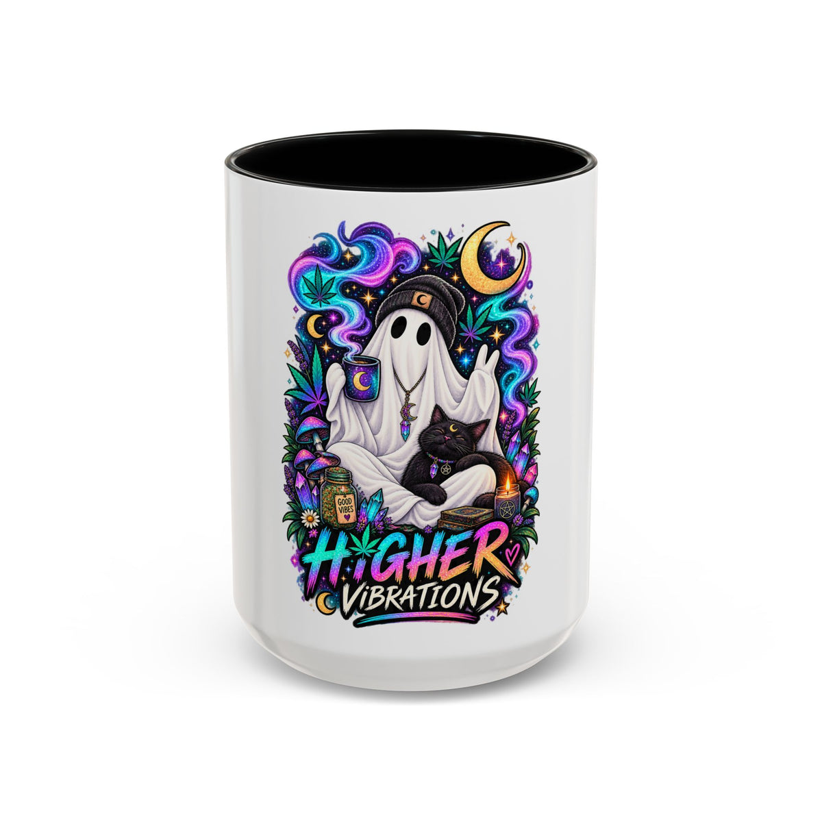 Higher Vibrations Coffee Mug — Cute Ghost & Cat Accent Mug (11/15 oz)