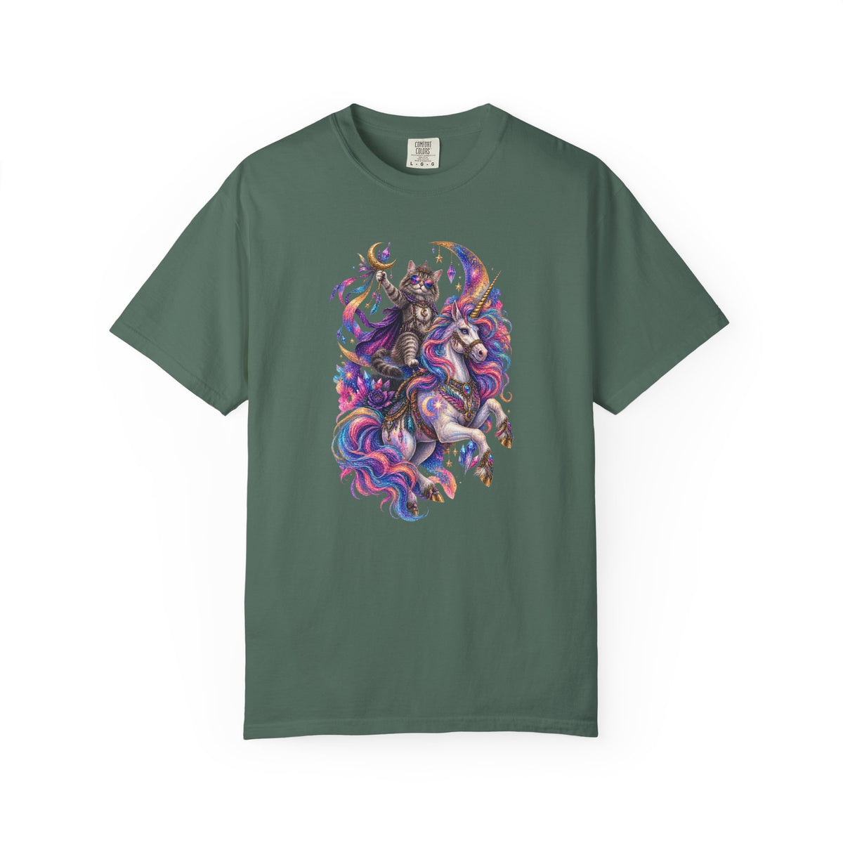 Cat Riding a Mystical Unicorn Horse Graphic T-Shirt — Colorful Cosmic Mane Art Tee