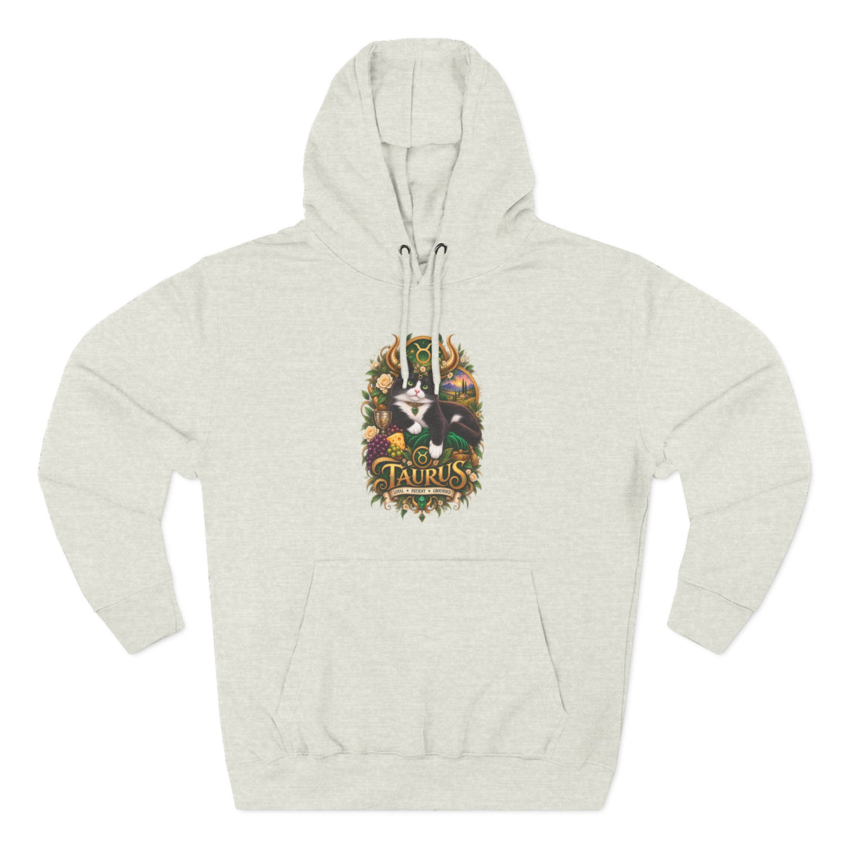 Taurus Tuxedo Cat Zodiac Hoodie — Earthy Bull Constellation Graphic Fleece Pullover
