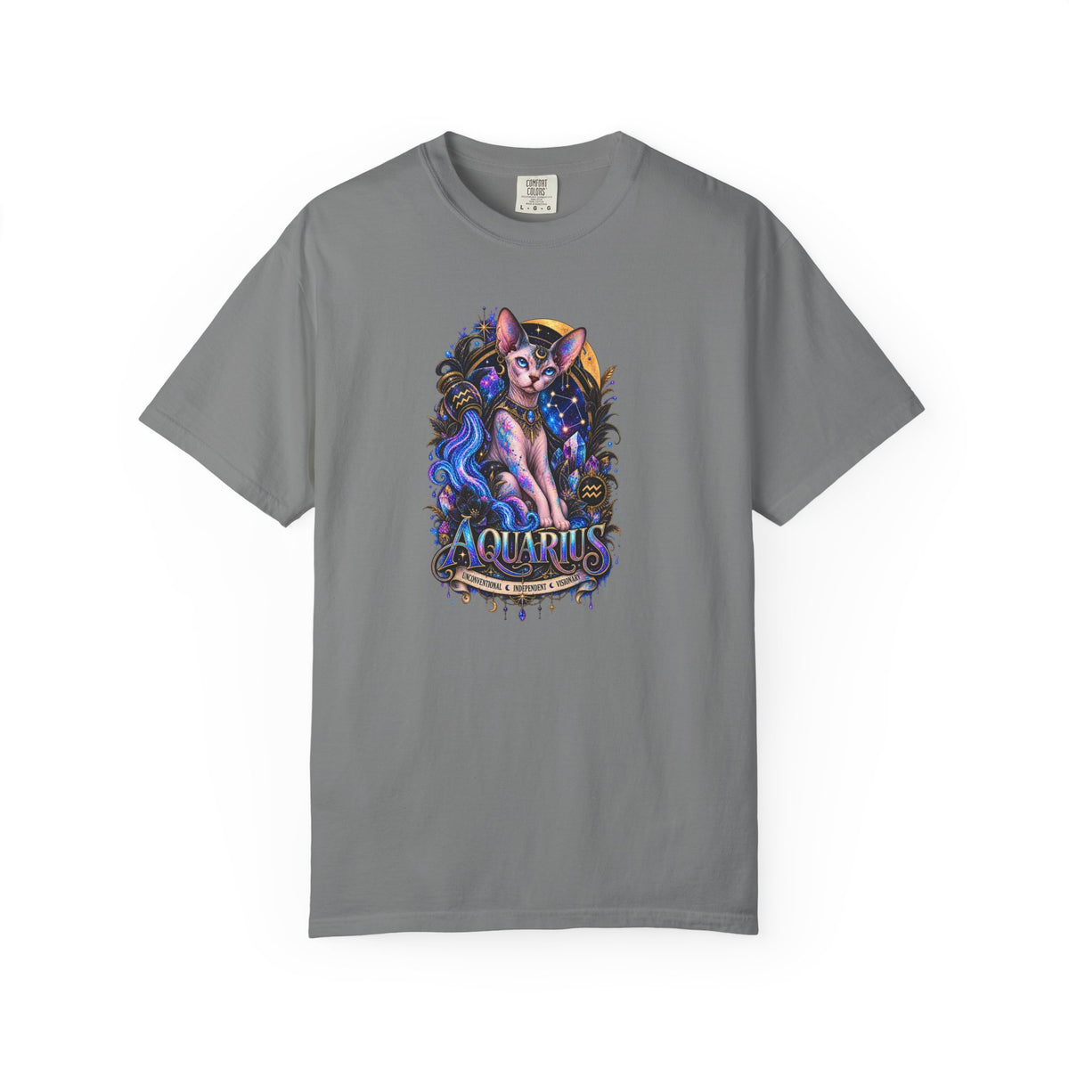 Aquarius Sphynx Cat Zodiac Tee- Celestial Astrology cat lover T-shirt