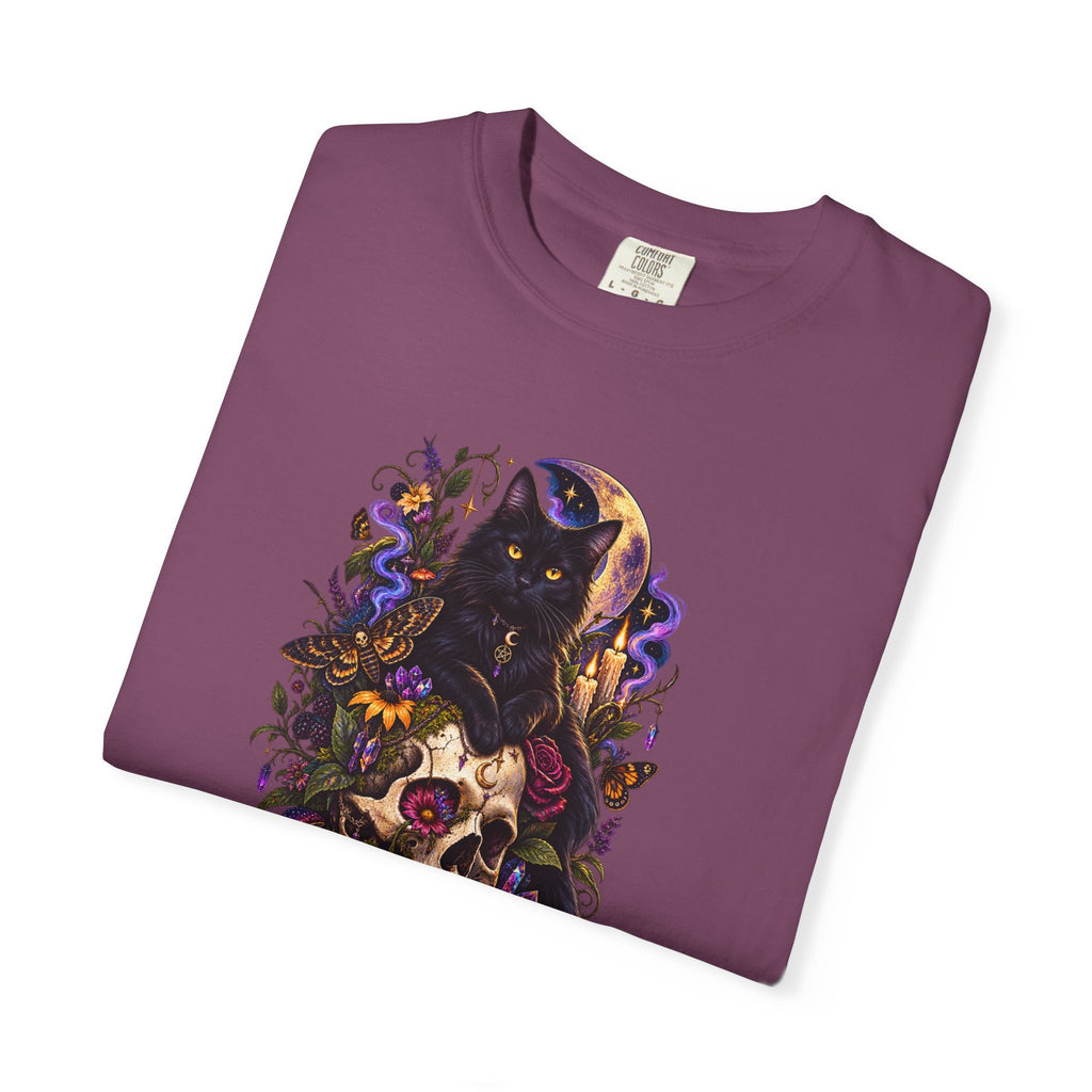 Skull & Black Cat Gothic T-Shirt — Dark Floral Day of the Dead Style