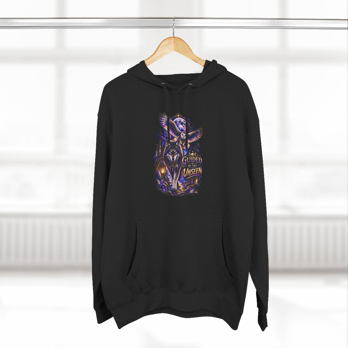 Witchy Owl and Wolf Fleece Hoodie - Mystical Night Forest Graphic- Guided by the Unseen