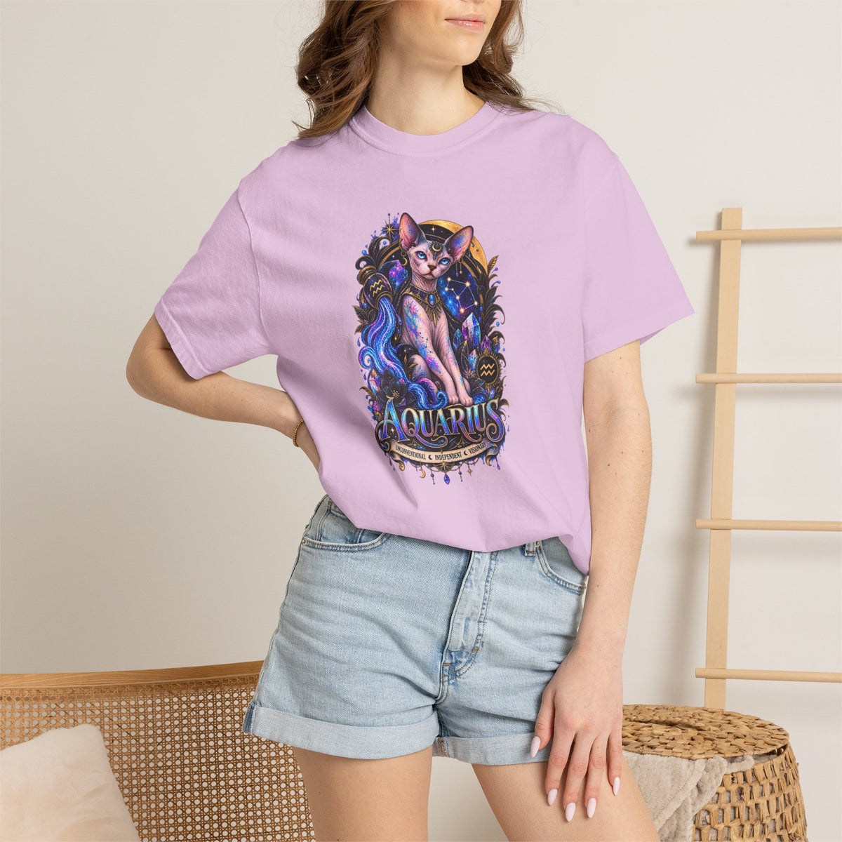 Aquarius Sphynx Cat Zodiac Tee- Celestial Astrology cat lover T-shirt