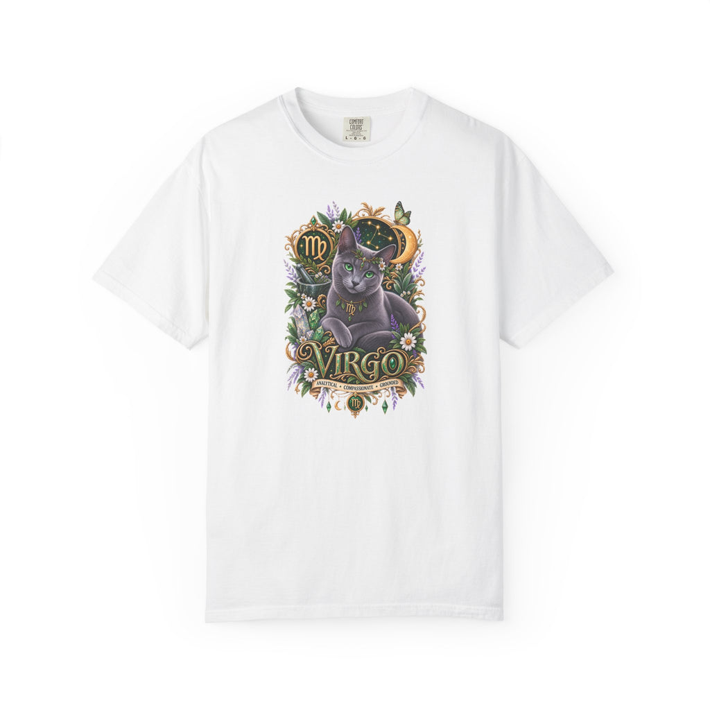 Virgo Cat Zodiac T-Shirt — Virgo Astrology Tee with Russian Blue & Floral Design