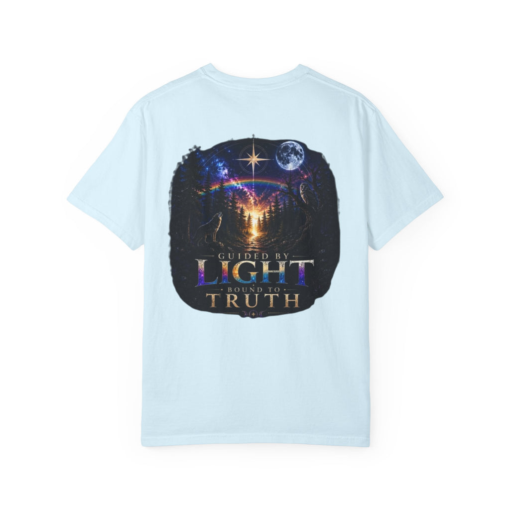 T-Shirt — "Guided by Light, Bound to Truth" Cosmic Forest Graphic