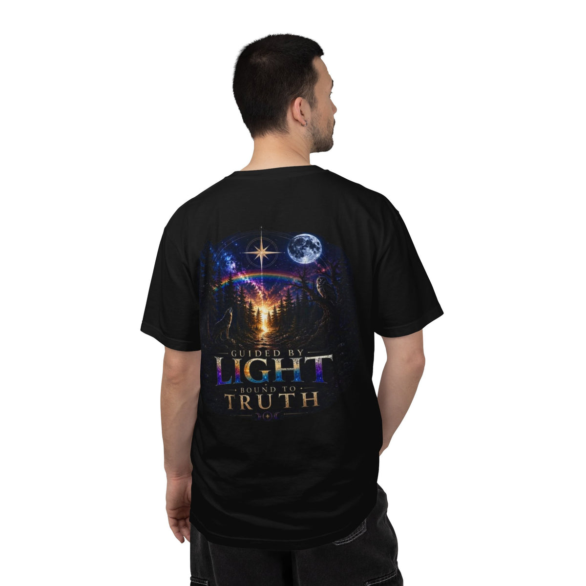 T-Shirt — "Guided by Light, Bound to Truth" Cosmic Forest Graphic