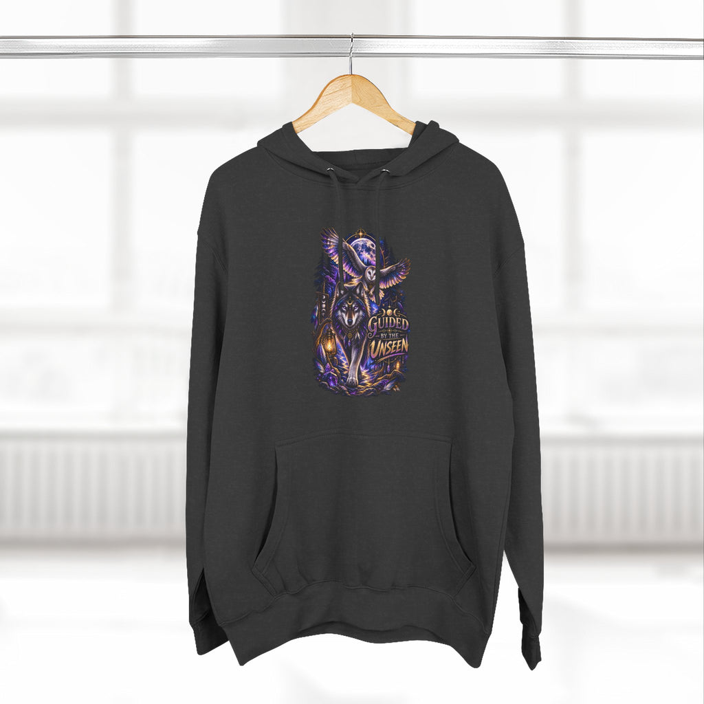 Witchy Owl and Wolf Fleece Hoodie - Mystical Night Forest Graphic- Guided by the Unseen