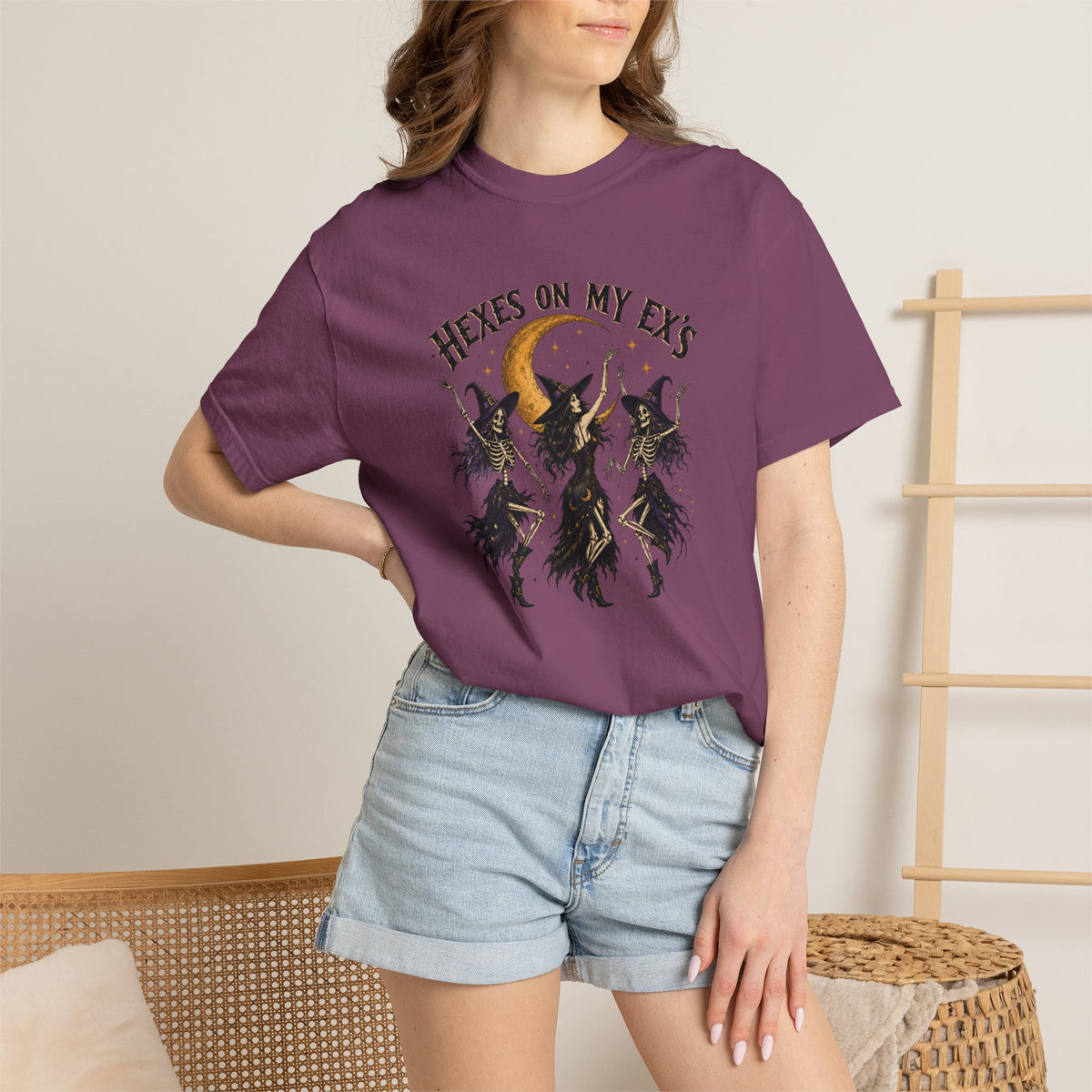 Witches and skeleton Graphic T-Shirt — "Hexes On My Ex's" Moon Witch Tee