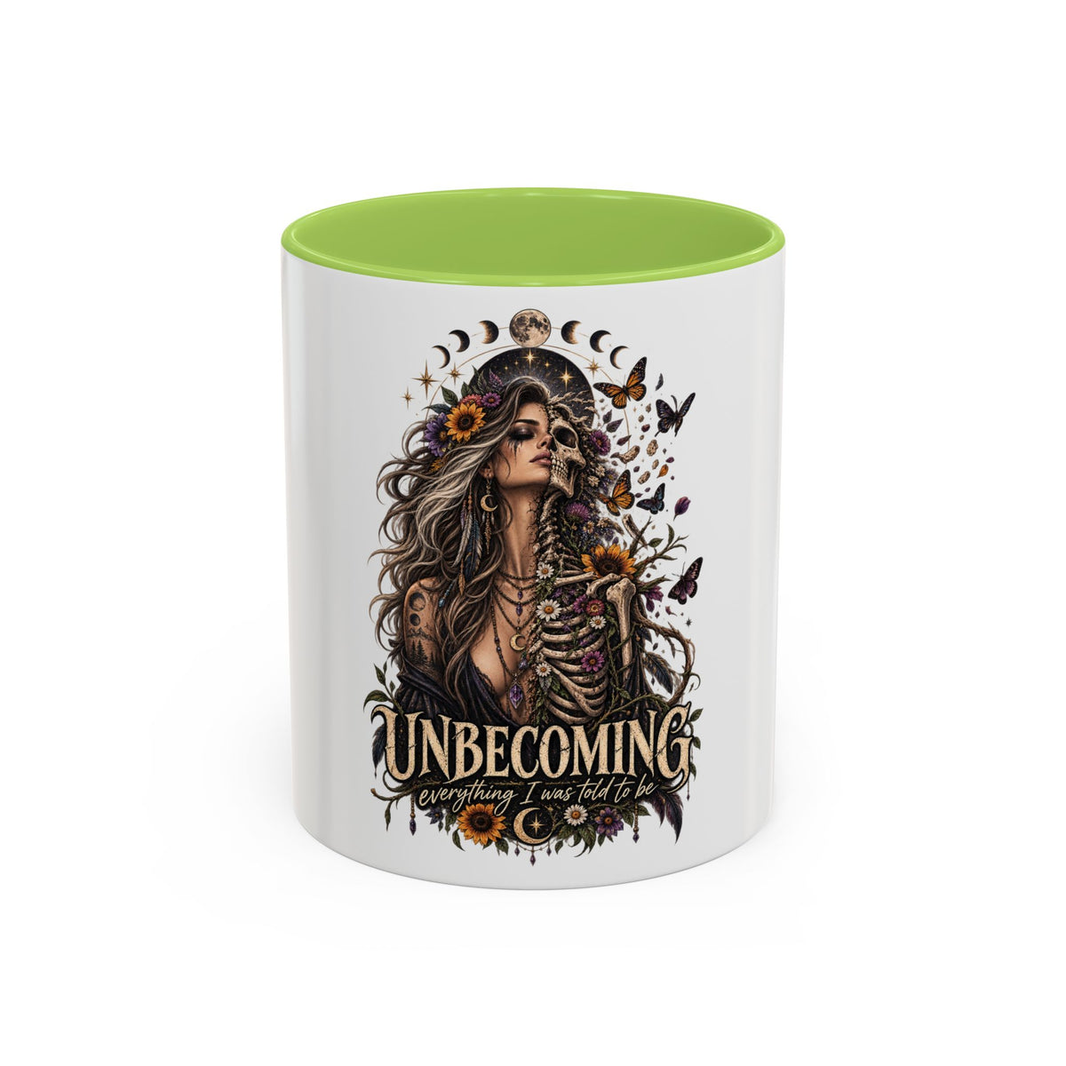 Unbecoming Empowerment Coffee Mug — Sunflowers Woman Skeleton & Moon Phases 11/15oz Accent Mug
