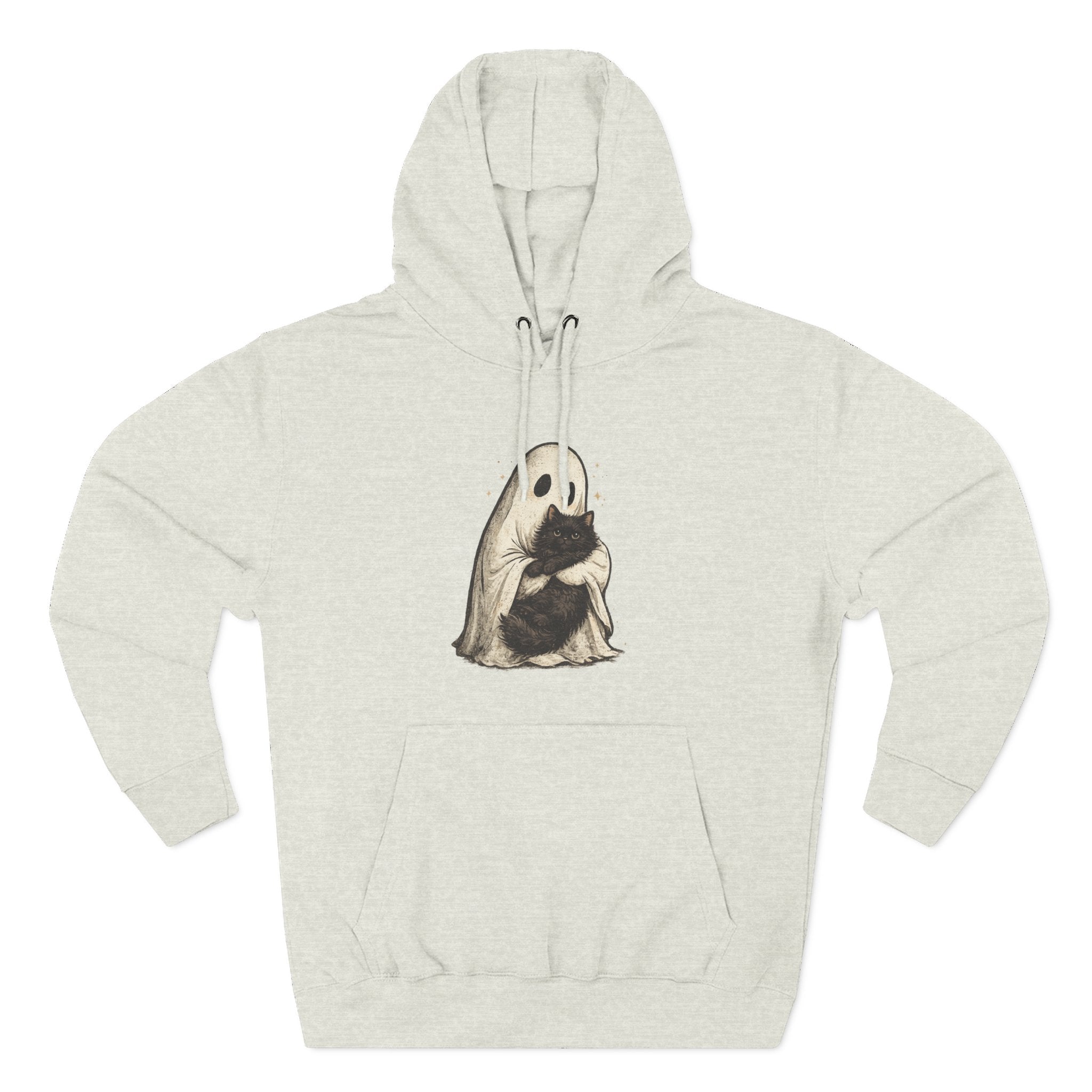 Ghost Hugging Black Cat Fleece Hoodie — Cute Ghost Hugging Black Cat Cozy Pullover