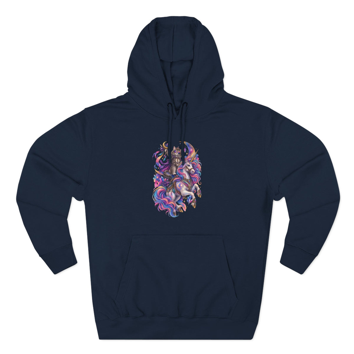 Colorful Cosmic Cat Riding a Unicorn — Vibrant Nebula Graphic Pullover