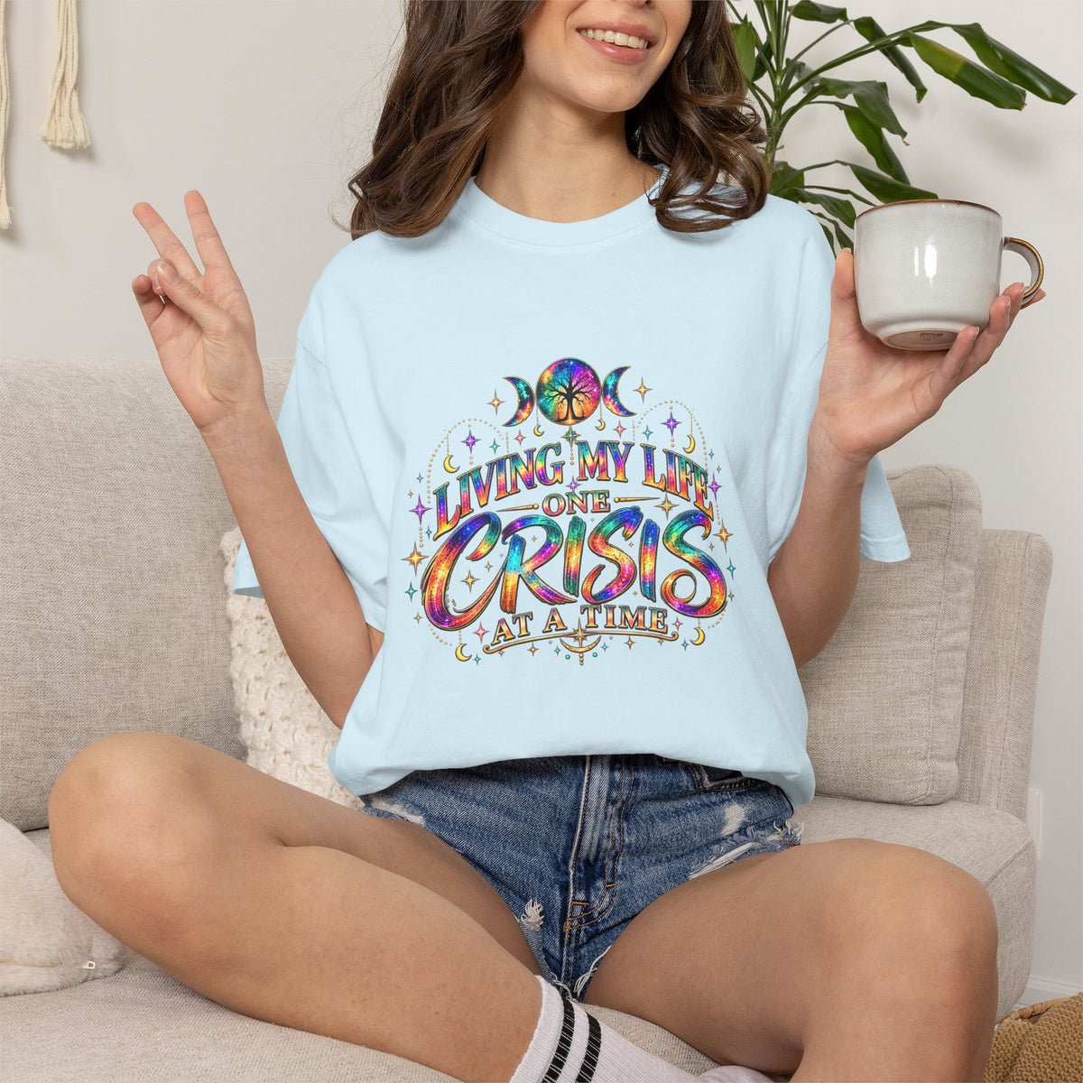 Graphic T-Shirt — "Living My Life One Crisis at a Time" Colorful Retro Tee