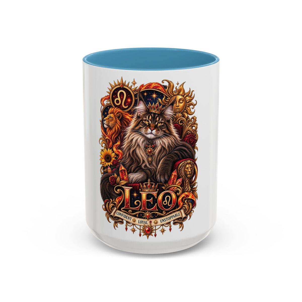 Leo Zodiac Cat Coffee Mug – Maine Coon Astrological Birthday Gift (11/15oz)