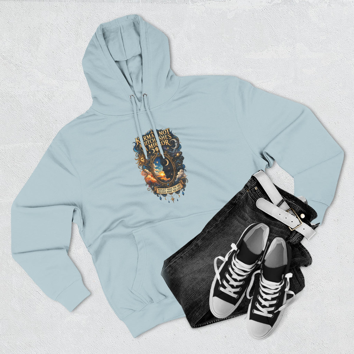 "Karma's not a Bitch she's a Mirror" Hoodie — Spiritual Boho Graphic Pullover