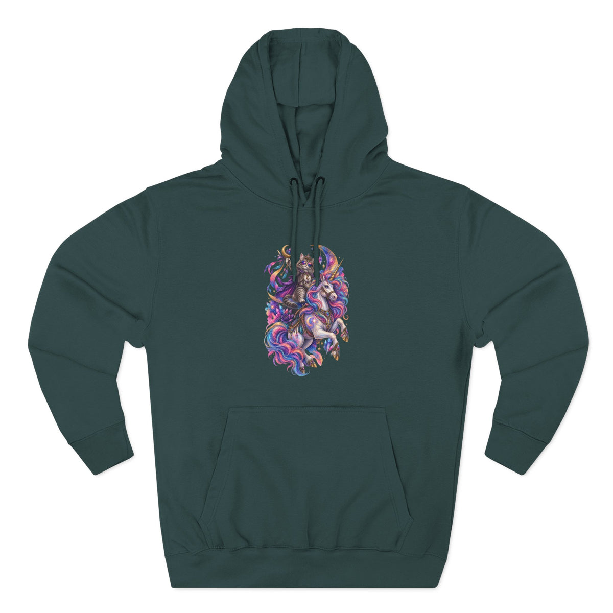 Colorful Cosmic Cat Riding a Unicorn — Vibrant Nebula Graphic Pullover