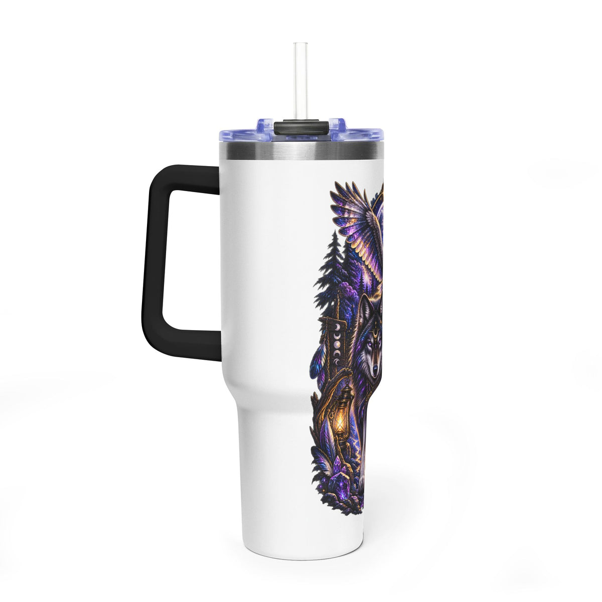 40oz Vacuum Tumbler — Wolf & Owl Spiritual Guide Stainless Travel Mug