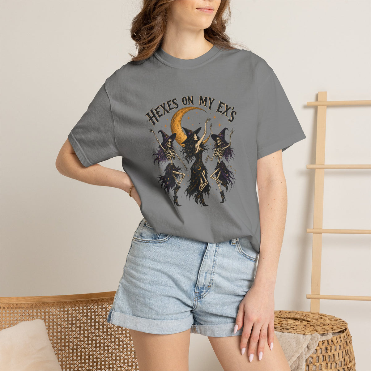 Witches and skeleton Graphic T-Shirt — "Hexes On My Ex's" Moon Witch Tee