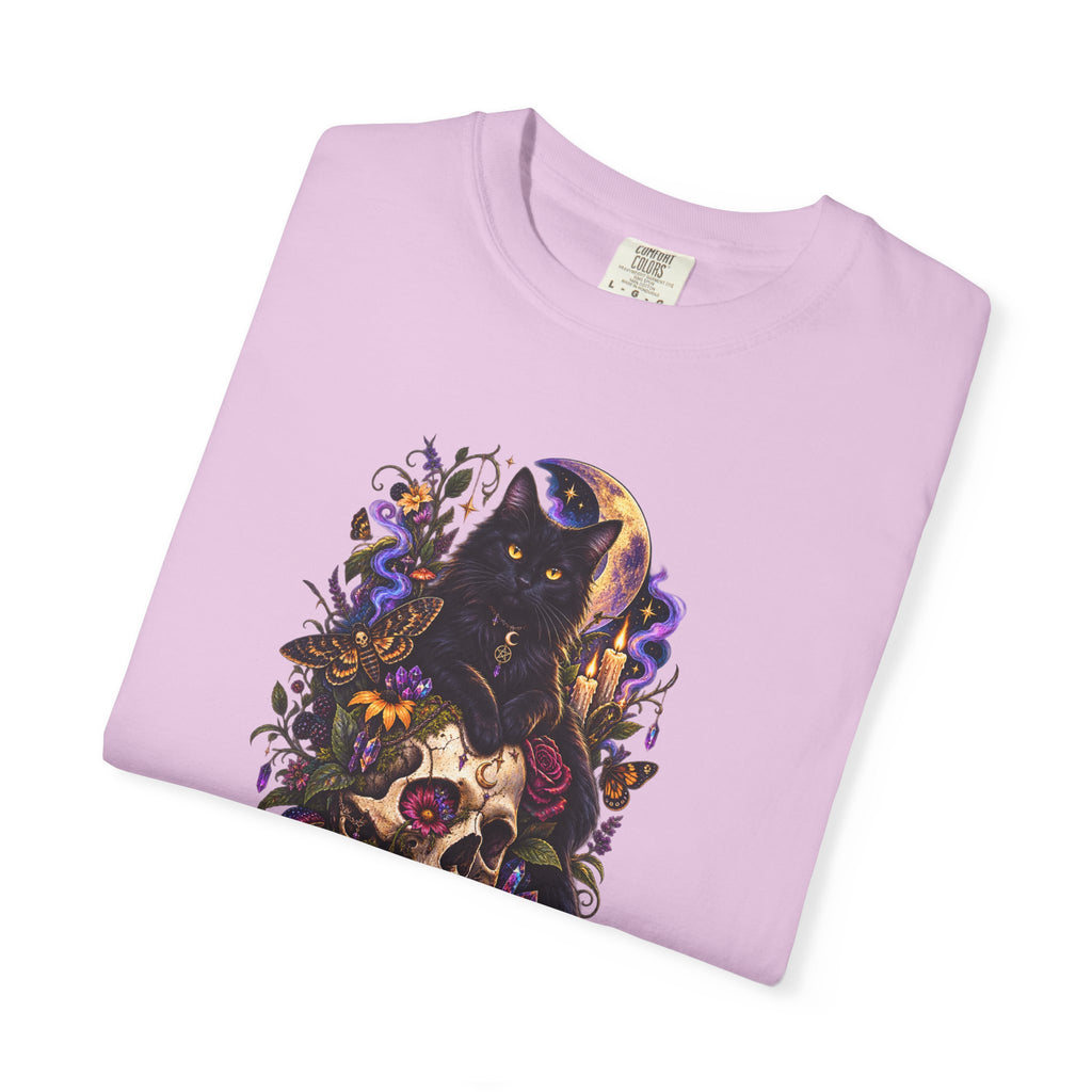 Skull & Black Cat Gothic T-Shirt — Dark Floral Day of the Dead Style