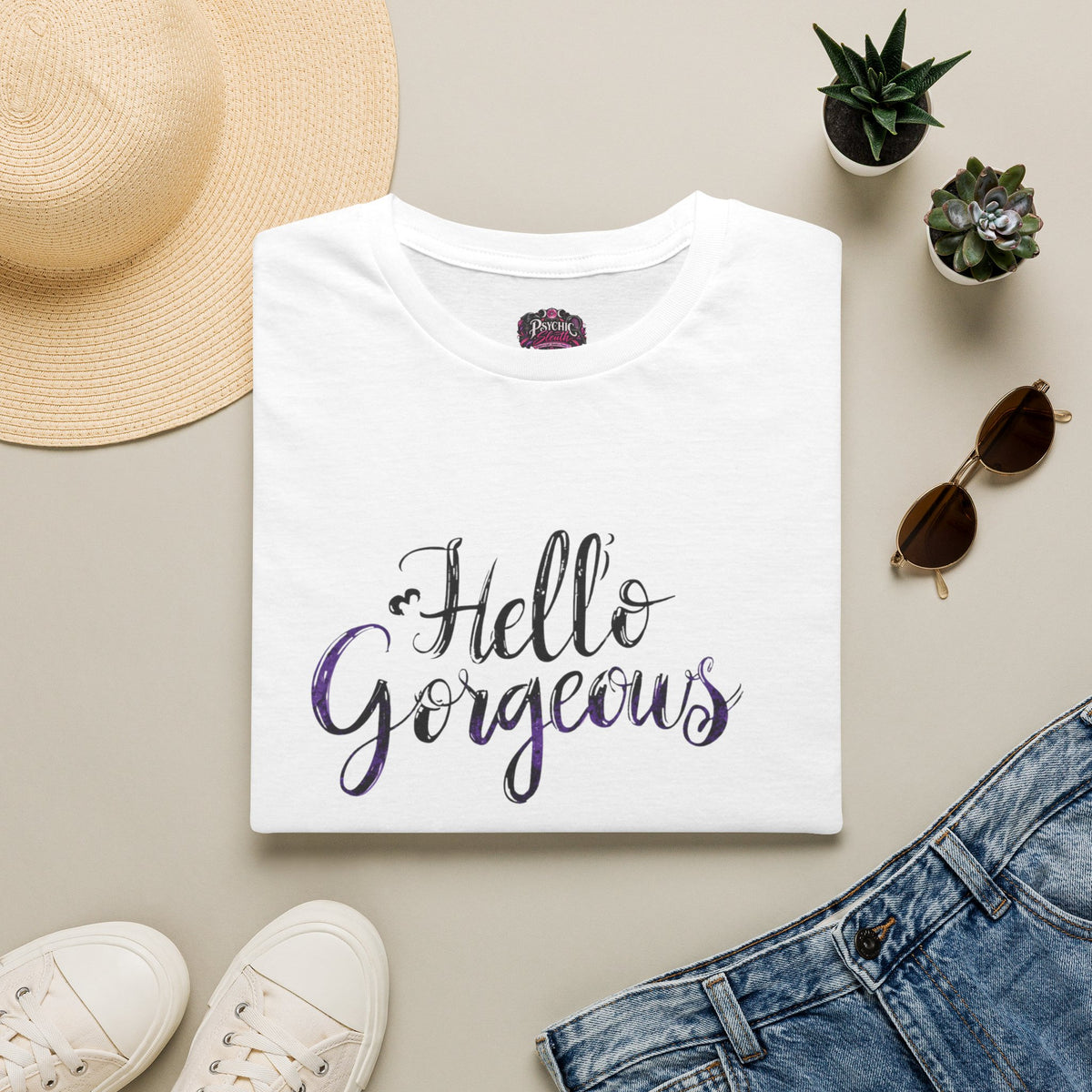 T-Shirt — "Hello Gorgeous" Purple Black Script Graphic Tee