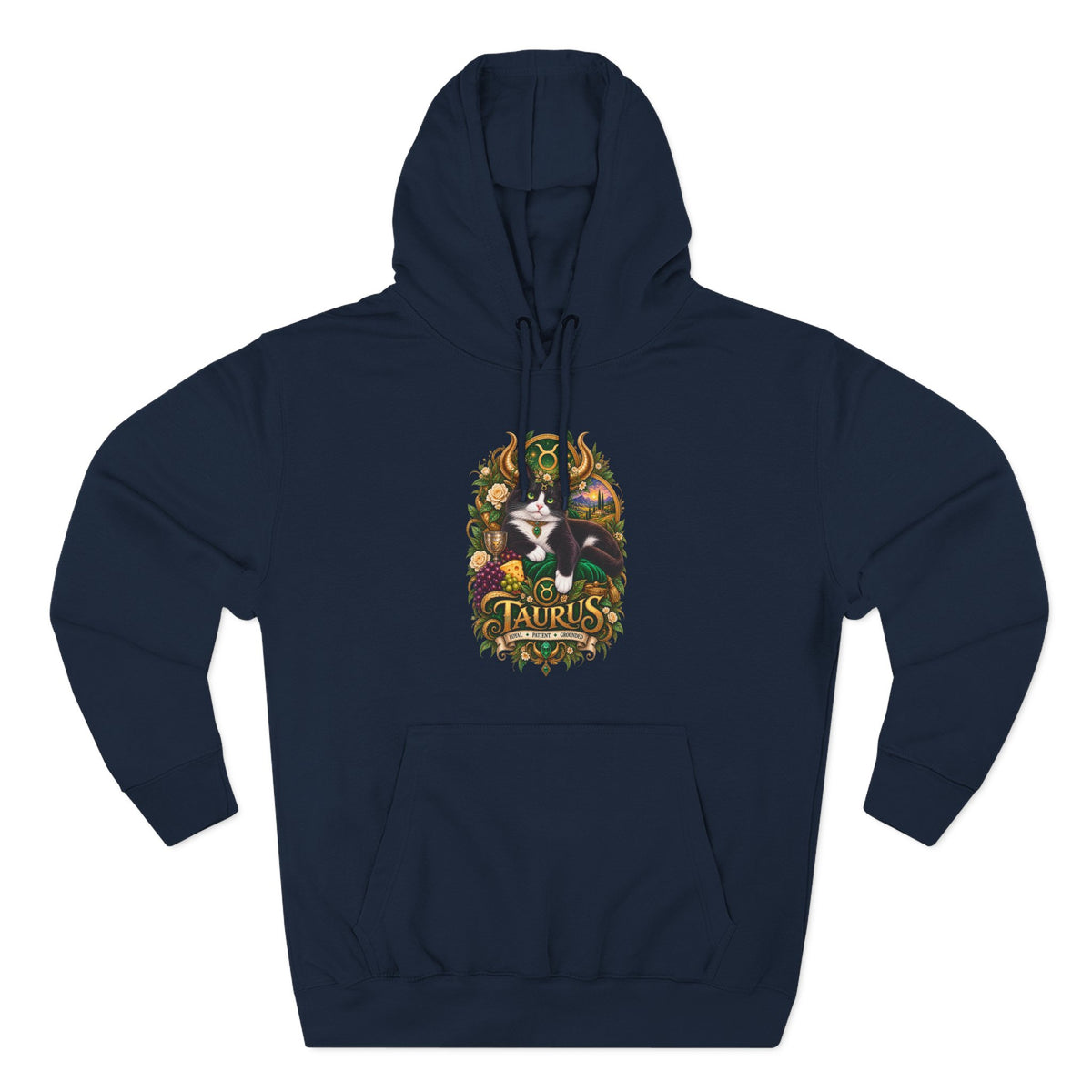 Taurus Tuxedo Cat Zodiac Hoodie — Earthy Bull Constellation Graphic Fleece Pullover