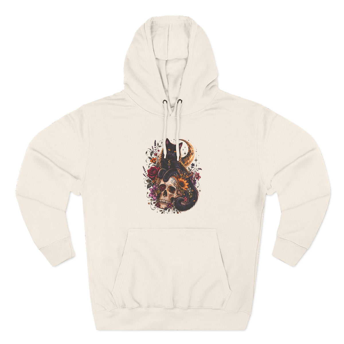 Skull & Cat Hoodie — Romantic Gothic Celestial Moon Graphic Fleece Pullover