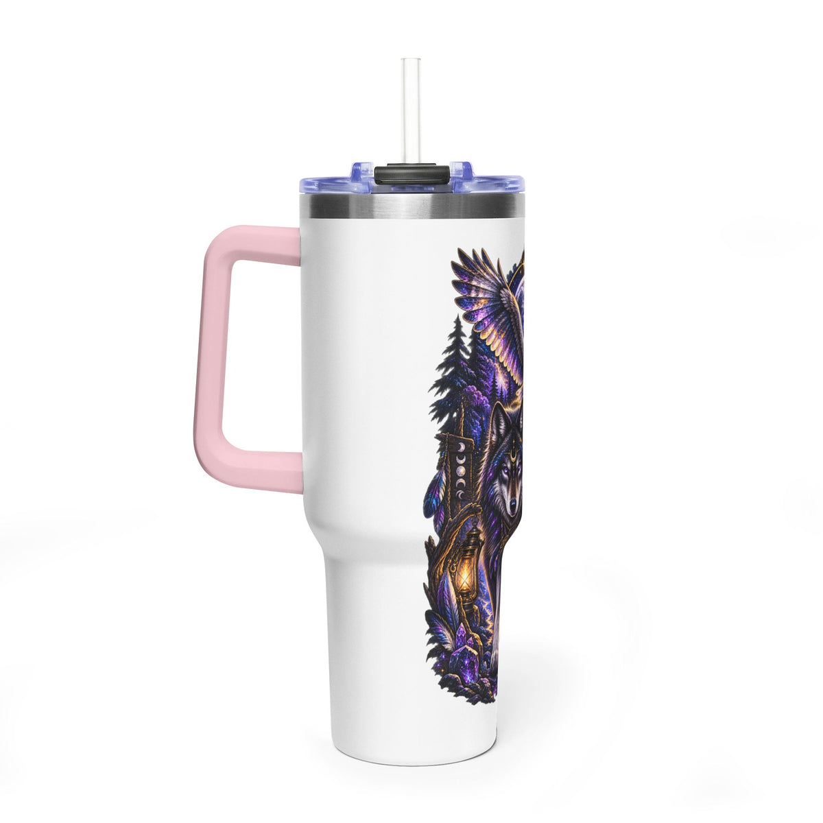 40oz Vacuum Tumbler — Wolf & Owl Spiritual Guide Stainless Travel Mug