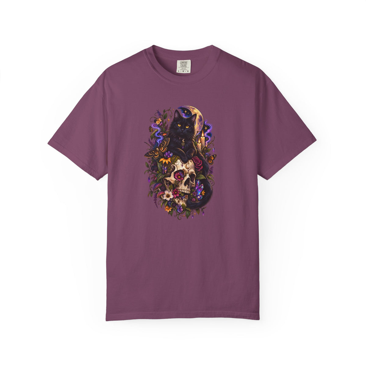 Skull & Black Cat Gothic T-Shirt — Dark Floral Day of the Dead Style