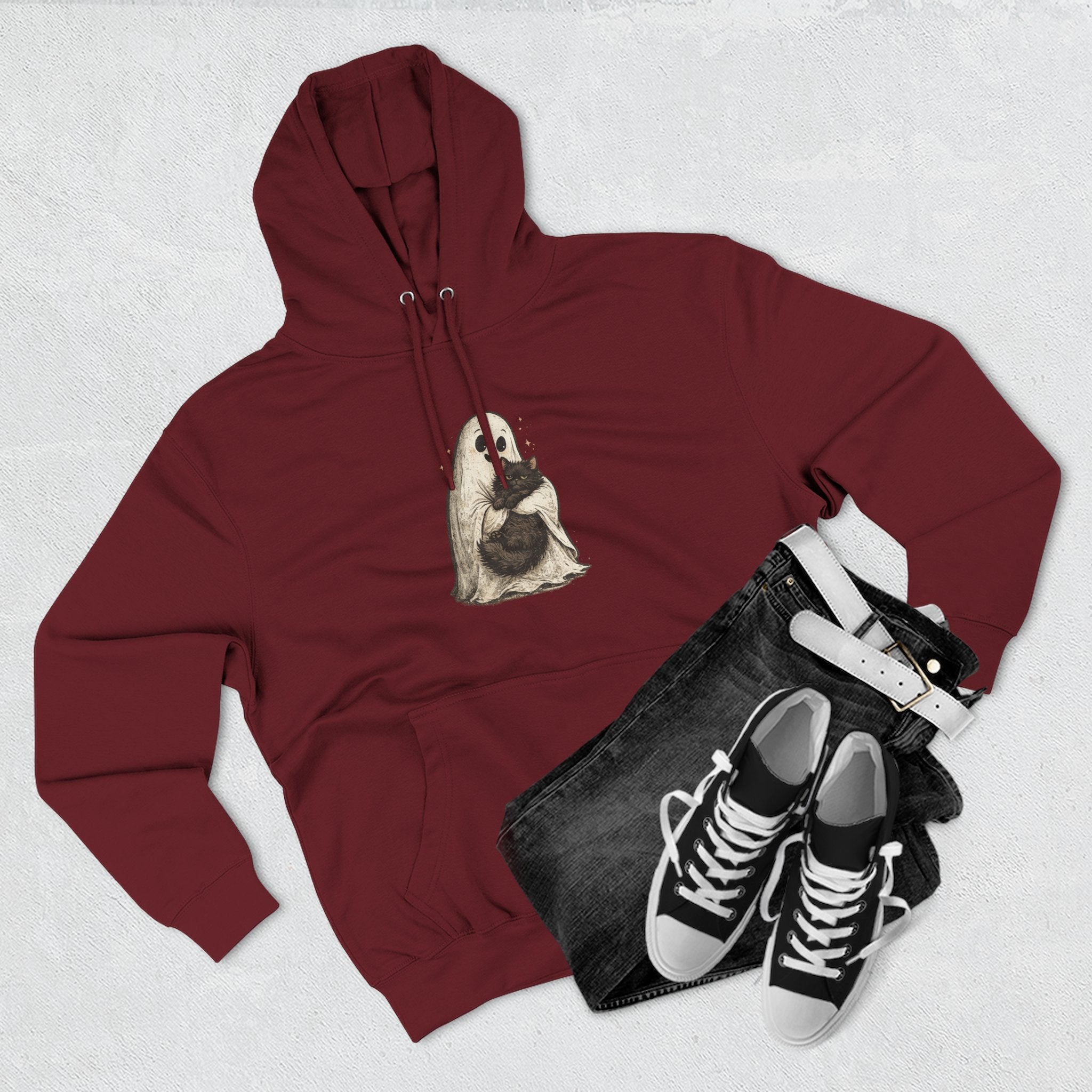 Boo & Meow Ghost Hugging Black Cat hoodie | Cute Spooky Tee Fleece Pullover