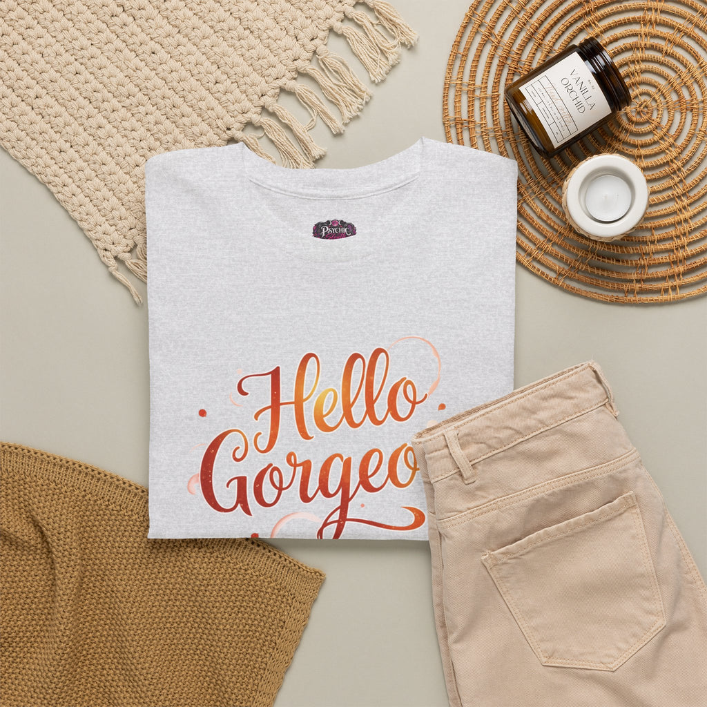 Hello Gorgeous Sunset T-Shirt — Feminine Script Graphic Tee