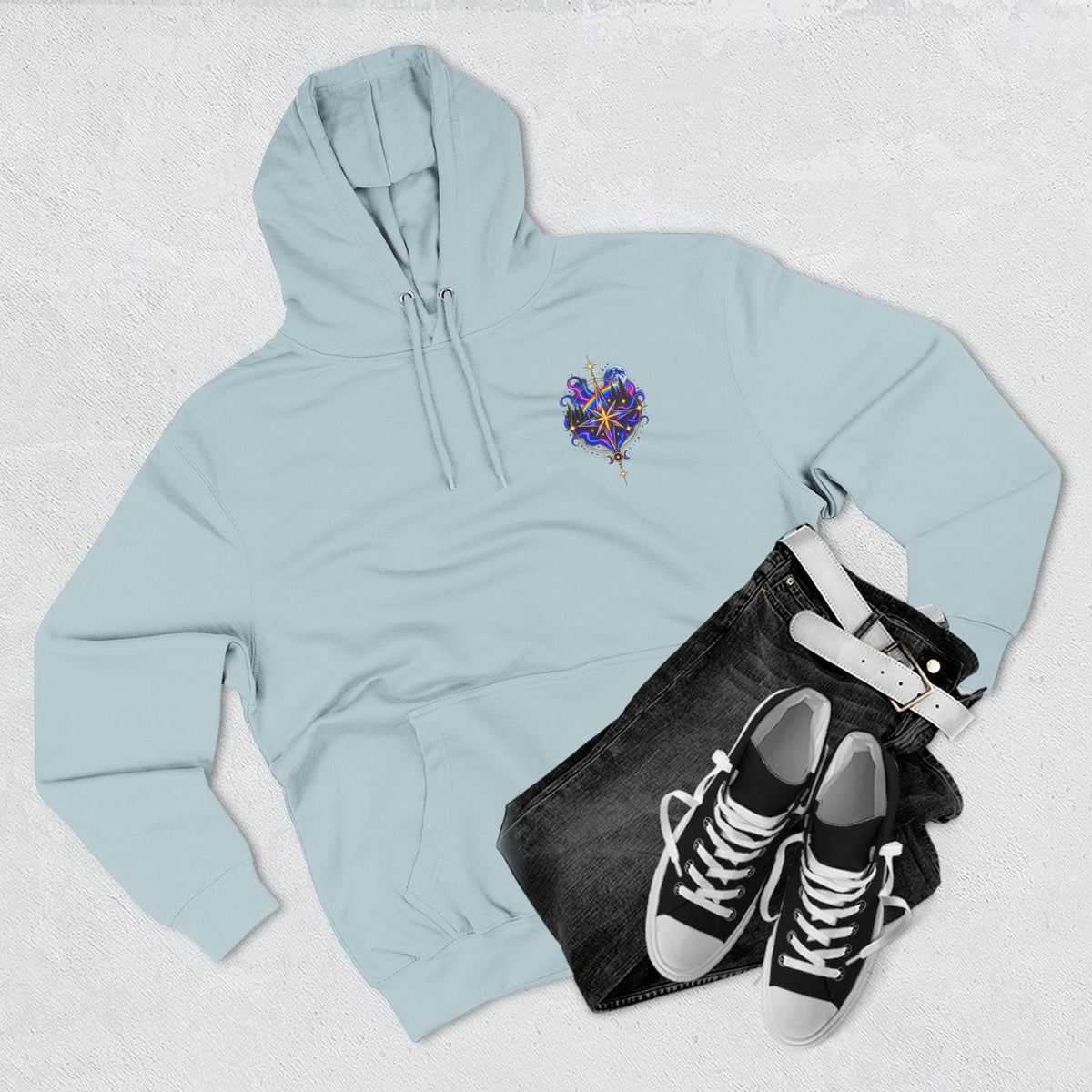 Guided by Light Bound toTruth Fleece Hoodie — Spiritual Galaxy Chest Emblem & Backscape Design