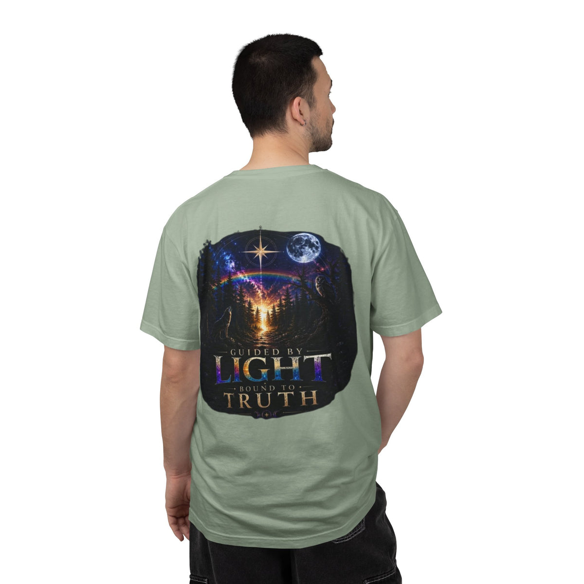 T-Shirt — "Guided by Light, Bound to Truth" Cosmic Forest Graphic