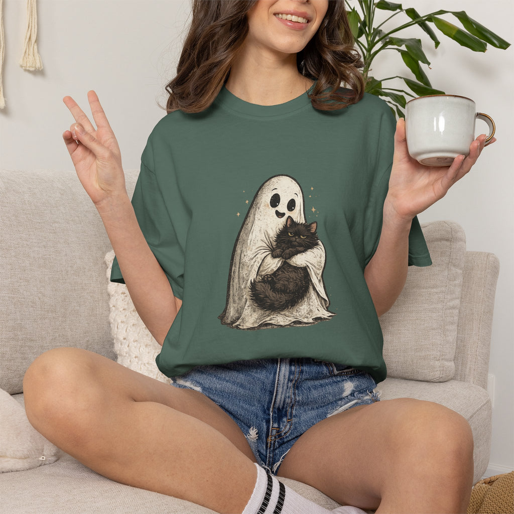Boo & Meow Ghost Hugging Black Cat T-Shirt | Cute Spooky Tee