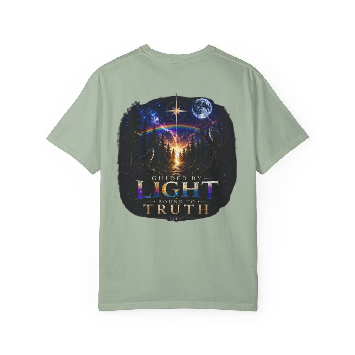 T-Shirt — "Guided by Light, Bound to Truth" Cosmic Forest Graphic
