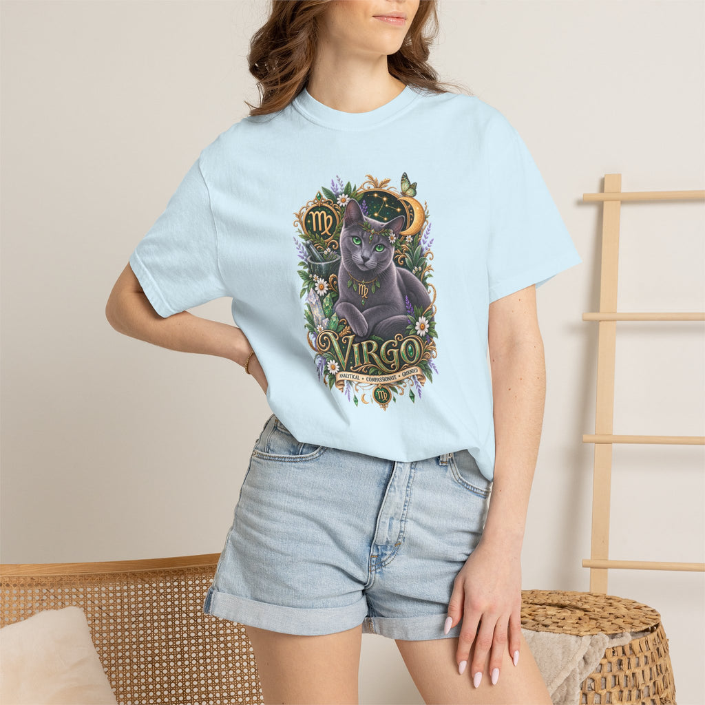 Virgo Cat Zodiac T-Shirt — Virgo Astrology Tee with Russian Blue & Floral Design