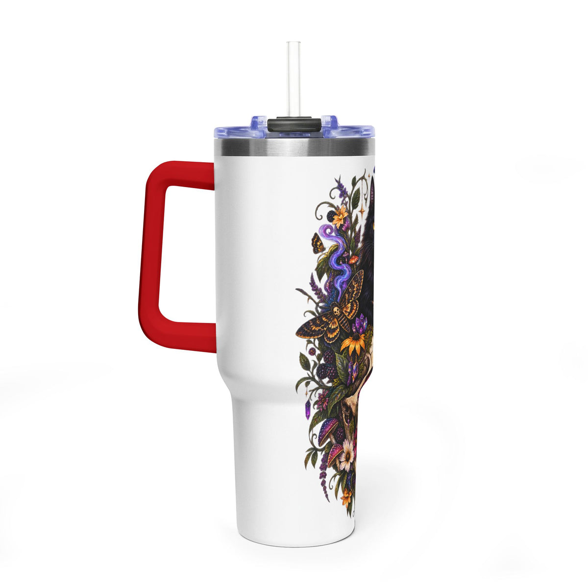40oz Cat & Skull Thermal Tumbler – Gothic Floral Insulated Travel Mug