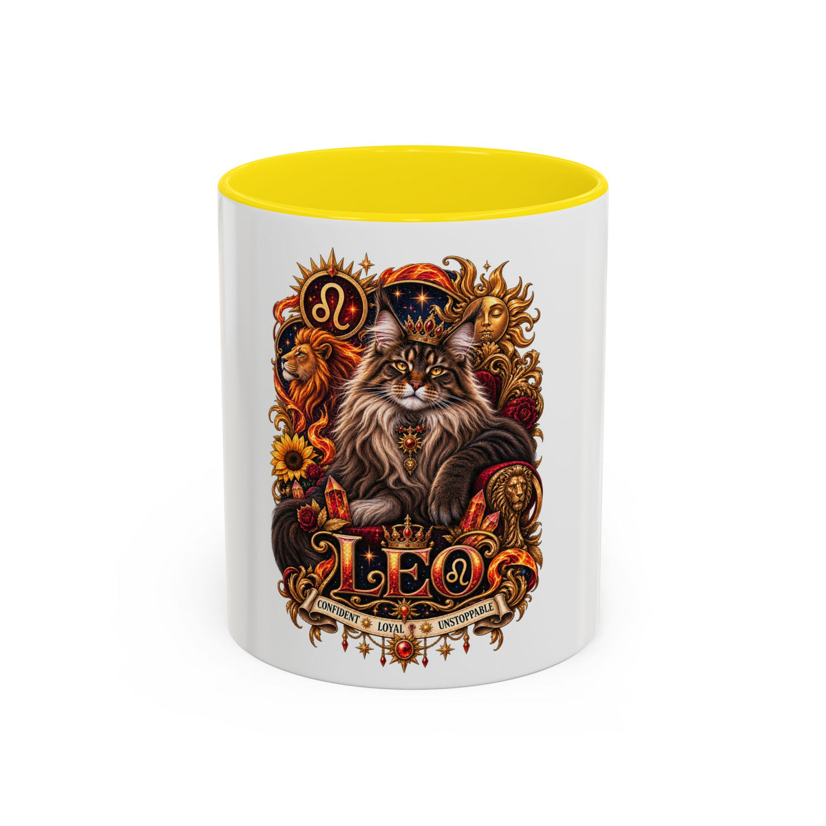 Leo Zodiac Cat Coffee Mug – Maine Coon Astrological Birthday Gift (11/15oz)