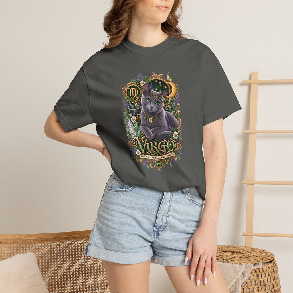 Virgo Cat Zodiac T-Shirt — Virgo Astrology Tee with Russian Blue & Floral Design